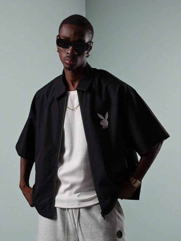 PLAYBOY X SUMWON Premium Streetwear Utility Work Zip Through Short Sleeve Shirt Reflective Logo Lightweight Oversized Menswear Festival Summer