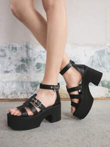 Sugerpunk 女士小众朋克风格带扣后拉链圆头厚底坡跟罗马凉鞋，PU 材质黑色，适合派对、日常穿着、晚礼服，增高修腿，舒适百搭的高跟鞋 - 黑色 - 查看 1