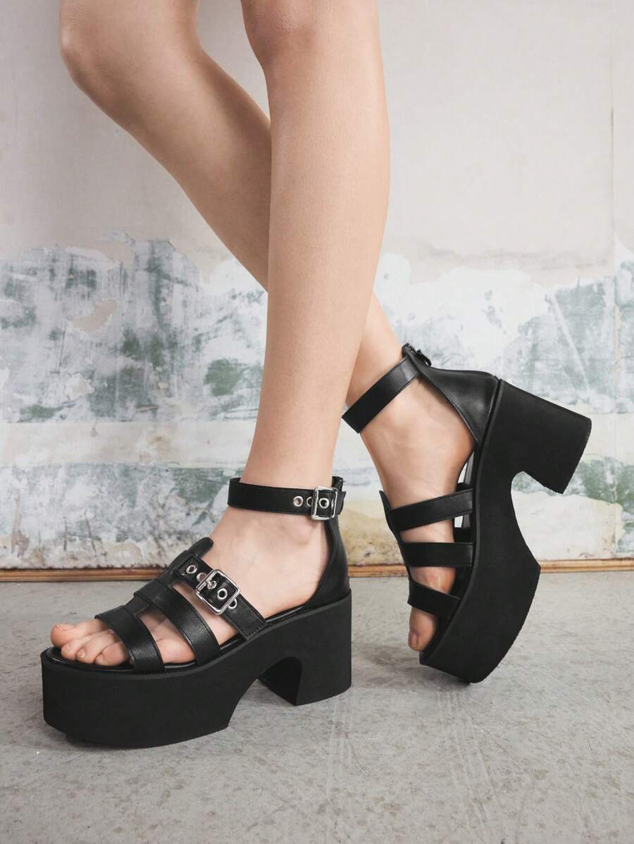 Sugerpunk 女士小众朋克风格带扣后拉链圆头厚底坡跟罗马凉鞋，PU 材质黑色，适合派对、日常穿着、晚礼服，增高修腿，舒适百搭的高跟鞋 - 黑色 - 查看 1