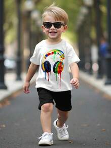 SHEIN Young Boy Casual Cartoon Headphone Print Short Sleeve T-Shirt And Shorts Set, Suitable For Summer