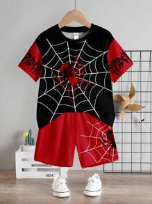 SHEIN 两件套男婴休闲简约卡通蜘蛛图案短袖T恤和短裤套装，适合夏季穿着 - 彩色 - 查看 3