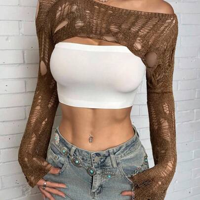 여성용 찢어진 갈색 보트 네크라인 섹시한 긴팔 풀오버 스웨터