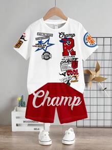 TaviRue Set de 2 piezas Uniforme de baloncesto para niños pequeños, diseño minimalista casual de camiseta de manga corta y shorts, apropiado para el verano - Multicolor - Ver 3