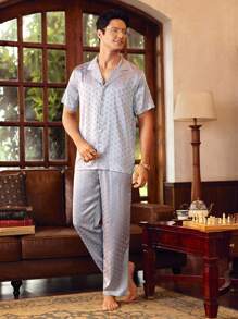 SHEIN EverLounge Conjunto de cardigan de manga larga estampado con billetes de estilo británico vintage para caballero en gris