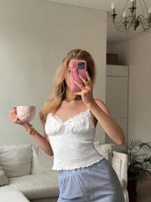 CovetEZ Women's Clothing Casual Clean Girl Sweet Casual Home Simple Street White Knitted Jacquard Gathered Lace Lace Patchwork Bow Bow High Elastic Comfortable Fashion Suspender Top