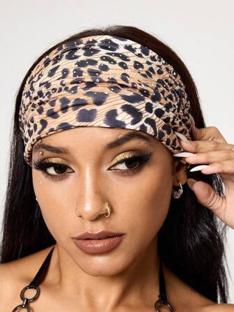Grunge Punk 1pc Fashionable Dual Laser Holographic Sequin Wide Headband, Gal Style Leopard Print Elastic Hair Band, Daily Personalized Hairpiece