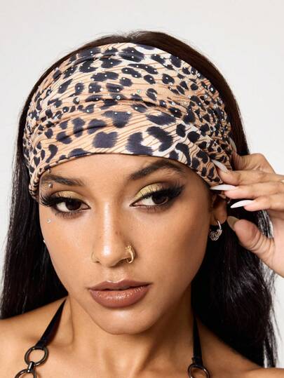 Grunge Punk 1 pieza Diadema ancha con lentejuelas holográficas con láser dual de estilo fashionista, diadema elástica con estampado de leopardo de estilo femenino, adorno para el cabello personalizado para uso diario