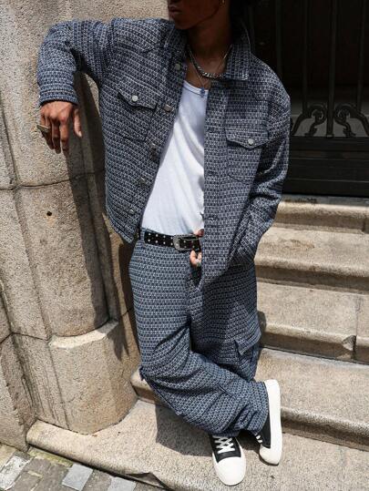 PAVTROS Manfinity Streetrush 男士休闲日常全印花前扣牛仔夹克和牛仔裤套装，Emo 风格，秋季服装