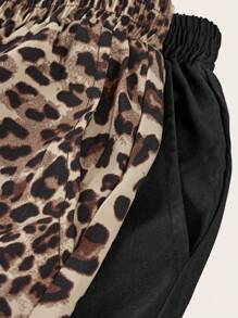 SHEIN 2 Pairs Tween Girls Bottoms Black And Leopard Print Wide Leg Pants, With Branded Label Decor - Black - View 4