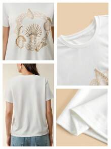 Anewsta Heavy Print Handmade Beaded Round Neck Versatile Regular Shoulder Short Sleeve T-Shirt - White - View 7