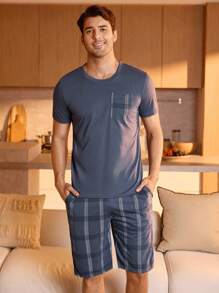Manfinity Underwear&Sleepwear Basics Herren Rundhals-Taschen-Kurzarm-Top und karierte Shorts mit Druckmuster, Sommer Homewear-Set - Babyblau - Übersicht 1