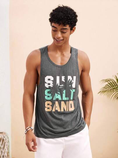 Manfinity VCAY Men's Lightweight Breathable Knitted Hawaiian Palm Tree & Letter Print Casual Beachwear Top For Summer Beach Holiday Surfing, Gray