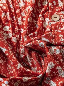 SHEIN CURVE+ 大码女式碎花泡泡袖休闲衬衫 - 紅色 - 查看 3