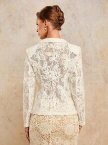 COSMINA 秋季女装花卉提花蕾丝镂空优雅薄款长袖西装外套，女士优雅服装 - 杏色 - 查看 2