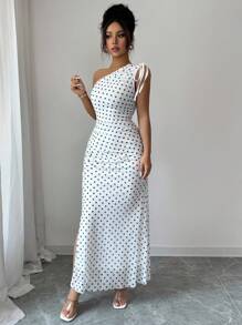 Rafferiza 女式优雅波尔卡圆点印花单肩抽绳侧系带腰部修身高开衩连衣裙 - 白色 - 查看 5