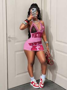 BamGleam Women's Letter Print Plunging Neckline Bodycon Mini Dress Graphic Print - Pink - View 7