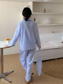 青少年女孩简约时尚休闲浅蓝色开衫和条纹刺绣长袖上衣配裤子睡衣套装蓝色条纹睡衣套装可爱睡衣套装纽扣睡衣套装浅蓝色睡衣女士睡衣套装 - 淺藍色 - 查看 3