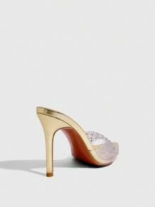 CUCCOO SZL Women Transparent TPU Rhinestone-Embellished Metal Pointed Toe Sexy Fashion Mule High Heel Sandals - Gold - View 4
