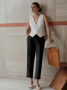 MOTF PREMIUM PANTALONES CON BOLSILLO DE SESGO CON PLIEGUE PLANCHADO - Negro - Ver 7