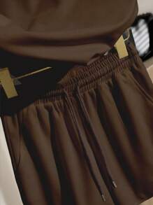 INAWLY 女式休闲插肩袖上衣和短裤两件套 - 咖啡棕 - 查看 6