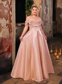 Glamrae 大码优雅浪漫香槟色闪亮缎面手工串珠荷叶边 A 字晚礼服（重饰设计） - 香檳色 - 查看 7