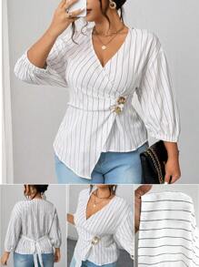 Elenzga Camisa casual para mujer talla grande de manga media con botones de metal cruzados a rayas blancas y negras