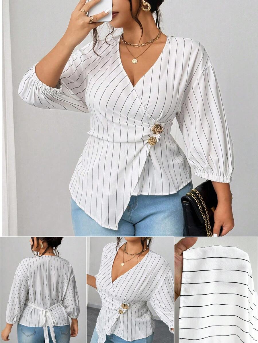 Elenzga Camisa casual para mujer talla grande de manga media con botones de metal cruzados a rayas blancas y negras