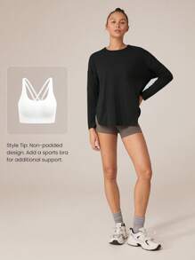 GLOWMODE Pima Cotton Oversized Long Sleeve Curved Slit Hem Round Neck Tee Daily Casual - Black - View 5