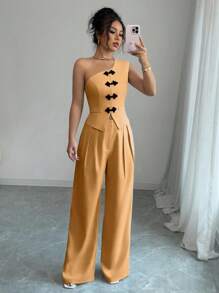 Chiquease 2件套优雅法式斜肩中式图案纽扣装饰套装，适合女士 - 黃色 - 查看 4