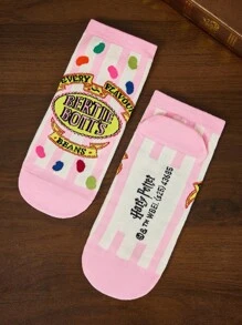 HARRY POTTER X SHEIN 5 Pairs Gift Box Packaging Soft & Breathable Moisture-Wicking Casual Women Ankle Socks WithBertie Bott's Every Flavor Beans Fashionable And Cute Pink Short Socks Reinforced Toe & Heel For Durabiliy All Season All-Match,Christmas