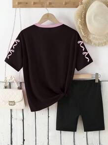 女士休闲时尚创意 07 数字和蝴蝶结图案印花短袖 T 恤和自行车短裤套装 2 件短裤套装 女士骑行短裤套装 足球服 女士俱乐部服装 女士 Y2k 女士两件套服装 2 件短裤套装 女士坏人服装 - 彩色 - 查看 2