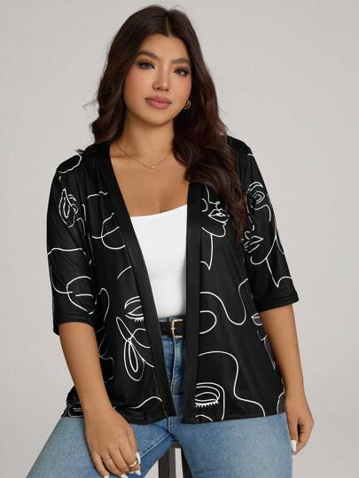 Comfylo Plus Size Women Abstract Face Printed Short Cardigan Jacket, 3/4 Sleeve, Suitable For Autumn/Winter Fall