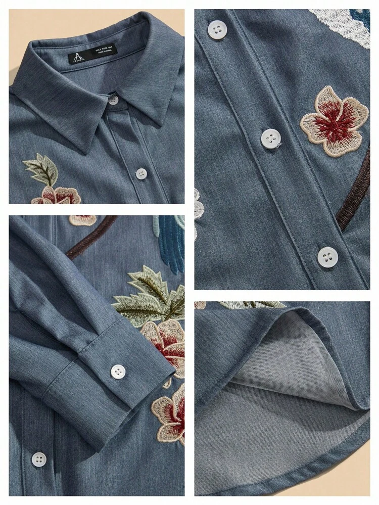 Camisa casual de manga longa com bordado floral solto e fashion
