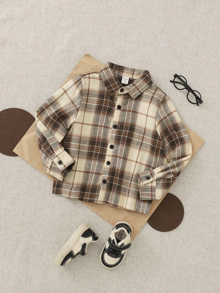 Playful Pals 1 件年轻男孩复古格纹长袖有领衬衫，数码印花休闲宽松纽扣夹克，百搭牛仔裤或休闲裤，秋季新品 - 卡其色 - 查看 1