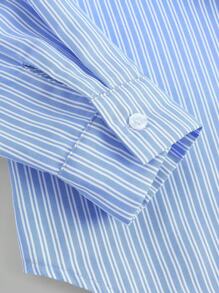 SHEIN Teen Girl Comfortable Simple Loose Contrast Elastic Waist Stripe Printed Wide-Leg Pants White Tube Top Blue Stripe Cropped Long Sleeve Shirt 3 Pieces Set - Blue and White - View 4