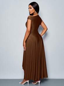 SOLERSUN Women's Spring And Summer Fashion Elegant Date Party Purple Stretch Knit Comfort Gathered Details Draped Dress Asymmetric Neckline Asymmetric Hem Slit Long Dress - Brown - View 2