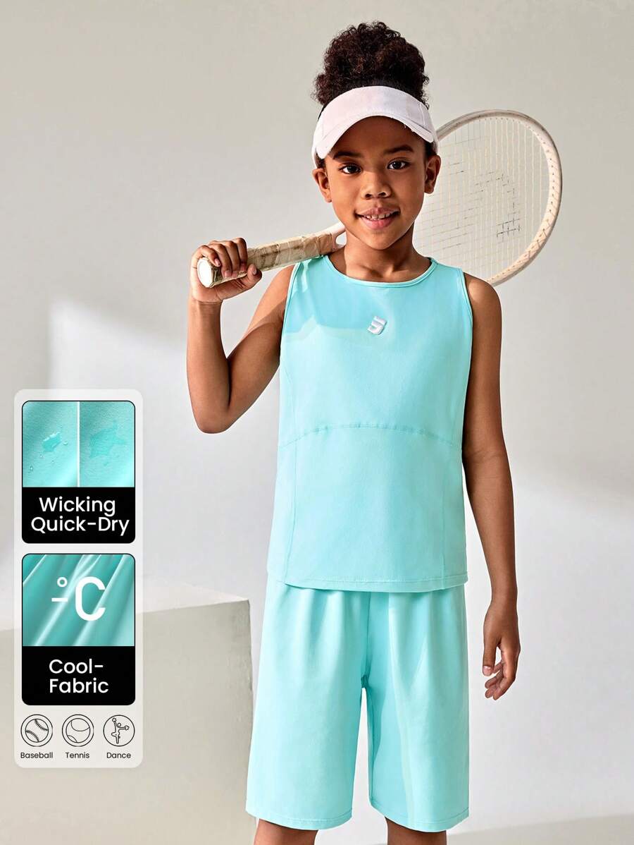 JNSQ Back To School Tween Girl Outdoor Sports Vest & Shorts Set, Children Round Neck 4-Needle 6-Thread Boneless Stitching Embroidered Vest & Shorts Set - Blue - View 1