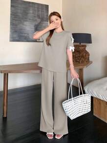 SHEIN 少女宝蓝色纯色编织纯色圆领蝴蝶结宽松T恤和宽松长裤两件套休闲套装