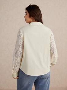 Elaquor Camisa de moda de manga larga con bolsillo, cierre de un pecho y estampado floral jacquard para mujer de talla grande - Albaricoque - Ver 2