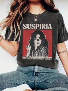 SHEIN LUNE 大码夏季休闲图形文字印花T恤 - 深灰色 - 查看 1