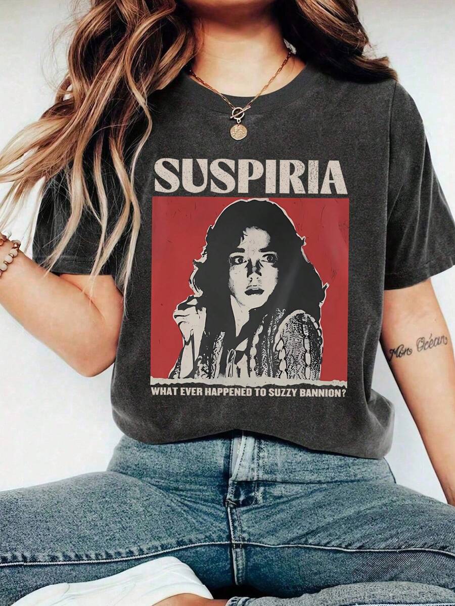 SHEIN LUNE 大码夏季休闲图形文字印花T恤 - 深灰色 - 查看 1