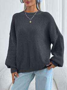 EURMUSE 女士纯色圆领落肩厚实套头衫 - 深灰色 - 查看 7