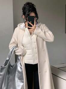 DAZY Women Padded Coat With Hood, Contrasting Sleeves, Fitted Waist, Elegant Urban Casual Outerwear Jacket - White - View 2