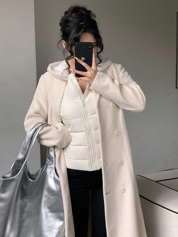 Women Padded Coat With Hood, Contrasting Sleeves, Fitted Waist, Elegant Urban Casual Outerwear Jacket