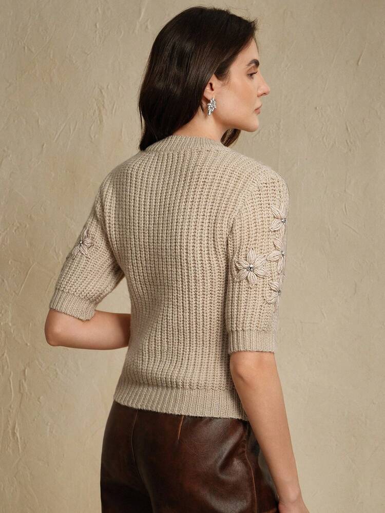 Damen Gestrickter Pullover, handgemachtes Mode 3D Häkel Design Slim Fit kurzer Pullover