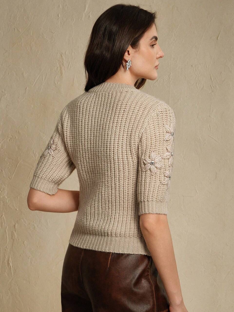 Women's Knitted Top, Handmade Fashion 3D Crochet Design Slim Fit Short Sweater