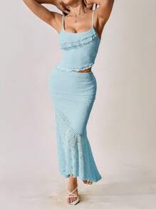 SHEIN PETITE 女装春夏度假结婚季透视蕾丝不对称下摆背心和低腰包臀鱼尾荷叶边加长不对称下摆裙两件套淡蓝色两件套 - 淺藍色 - 查看 5