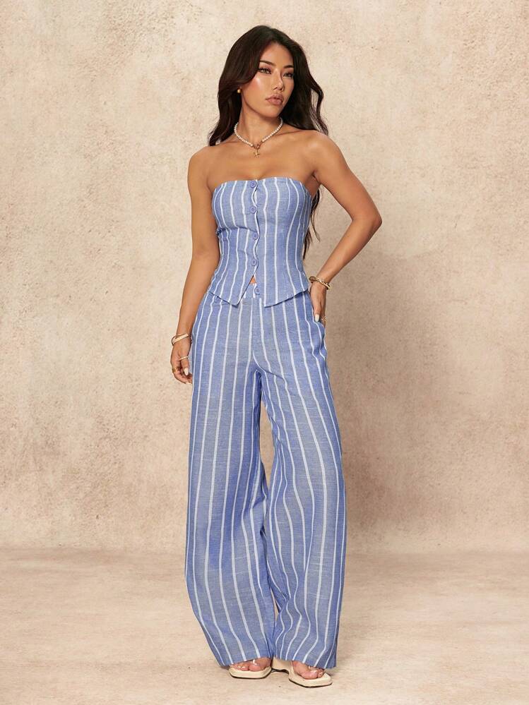 SHEIN PETITE Conjunto Casual Feminino de 2 Peças com Regata Listrada de Abotoamento Único e Calça Pantalona, Conjuntos de Loungewear para Uso Diário - Azul bebê - Visão 4