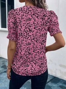 EMERY ROSE Leopard Print Notched Collar Casual Short Sleeve Shirt, Versatile For Summer - Hot Pink - View 2