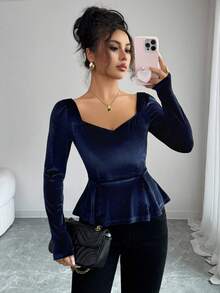 Elenzga Áo thun nhung xếp ly cổ vuông thanh lịch mùa thu - Màu xanh lam - Xem 1